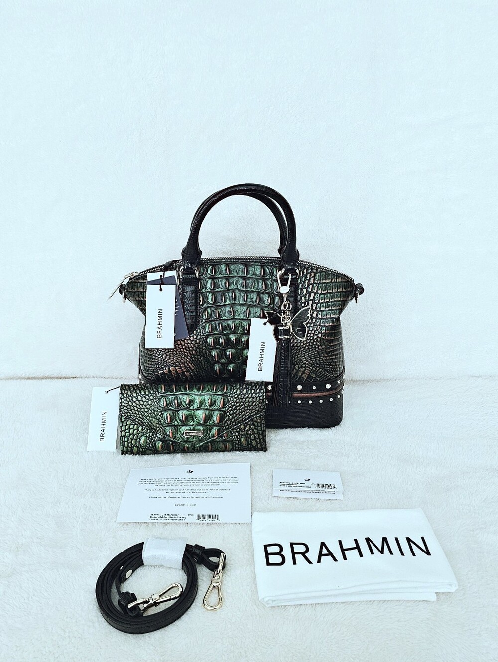 Green Croc-Embossed Satchel Handbag with Matching Wallet
